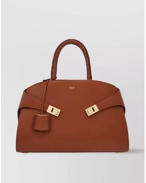 Ferragamo Medium Leather Tote Bag With Braided Handles - Brown