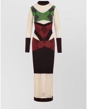 Marine Serre Ribbed Knit Fitted Long-Sleeve Midi Dress - White