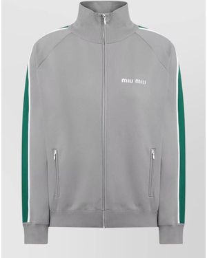 Miu Miu Jacket Contrast Stripe High Collar Ribbed Trim - Grey