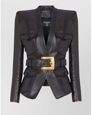 Balmain Belted Buttoned Blazer Pockets - Black