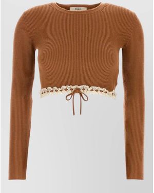 Chloé Wool Sweater Cropped Lace Trim Tie - White