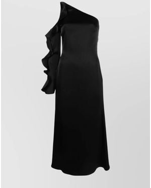David Koma Asymmetric Ruffled One-Shoulder Long-Sleeve Midi Dress - Black