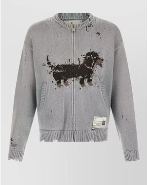 Maison Mihara Yasuhiro Dog Jacquard Knit Cardigan Distressed Ribbed Cuffs - Grey