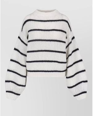 Lisa Yang Striped Cropped Top Round Neck Balloon Sleeves - White