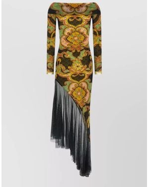 Etro Asymmetric Dress Double Layer Floral Draped - Metallic