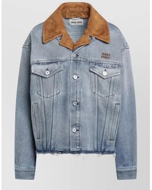 Miu Miu Jacket Long Sleeves Contrast Collar Chest Pockets - Blue