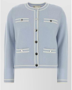 Tory Burch Wool Cardigan Contrast Trim Crew Neck - Blue