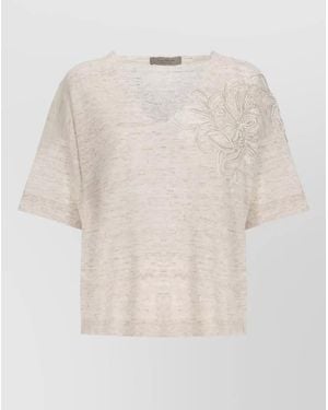 D.exterior Round Neck Top Linen Cotton Lace - White