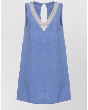 120% Lino Linen Dress A Line Cut Out Back - Blue