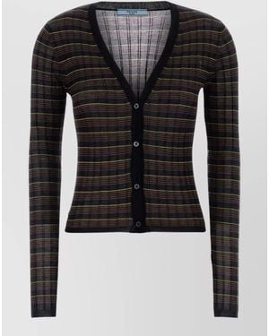 Prada Knit Cardigan Plaid Pattern V Neck - Black