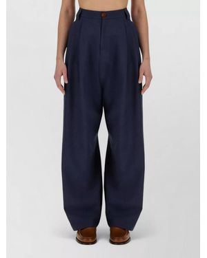 Alysi Canvas Trousers Belt Loops Pleated Front - Blue
