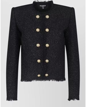 Balmain Structured Shoulder Coat Frayed Edges Buttons - Blue