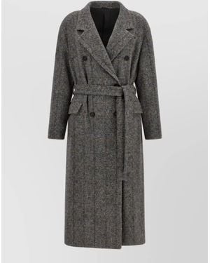 Brunello Cucinelli Alpaca Blend Check Double Breasted Belted Coat - Grey