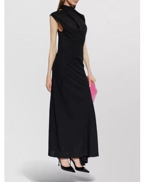 The Attico Silk Maxi Dress Asymmetric Hem High Neckline - Black
