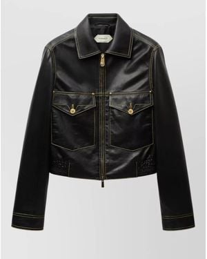 Versace Leather Collared Coat Front Pockets Stitching - Black