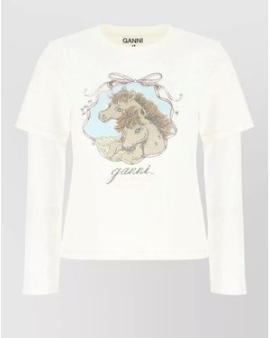 Ganni Cotton Blend Crew Neck Graphic T Shirt - White