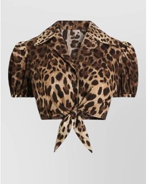 Dolce & Gabbana Leo Print Cropped Cotton Bow Shirt - White
