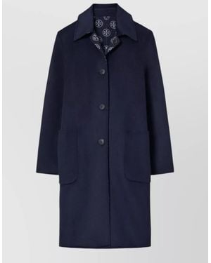 Tory Burch Long Reversible Wool Coat Collared Neck - Blue