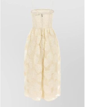 ROTATE BIRGER CHRISTENSEN Floral Mesh Midi Dress Sheer Overlay - Natural