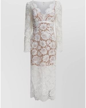 Self-Portrait Lace Midi Dress Sheer Long Sleeves - White