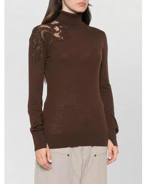 Ermanno Scervino Wool Turtleneck Sweater Embroidered Detail Sleeves - Brown