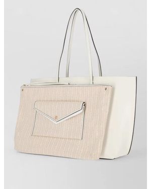 Tory Burch Tote Bag Dual Handles Exterior Pocket Contrast Trim - Natural