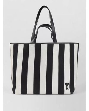 Ami Paris De Coeur Striped Cotton Canvas Tote Bag - White