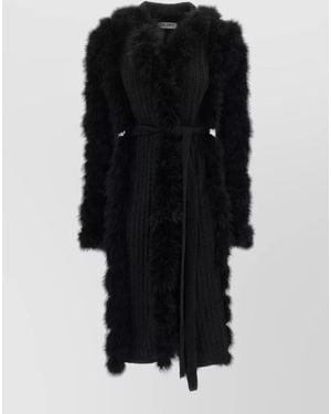 The Attico Long Knit Coat Belted Waist Faux Fur - Black