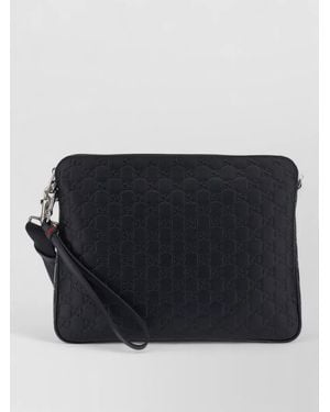 Gucci Emblem Shoulder Bag Gg Pattern Leather - Black