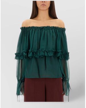 Saint Laurent Off The Shoulder Long Sleeve Top - Green