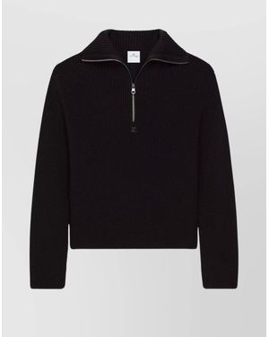 Courreges Merino Wool Ribbed Oversized Half Zip High Collar Sweater - Black