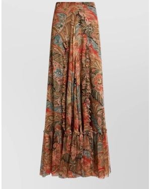 Etro Long Silk Skirt Paisley Pattern Ruffles - Brown