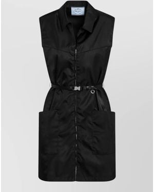 Prada Belted Waist Sleeveless Dress Front Pockets - Black
