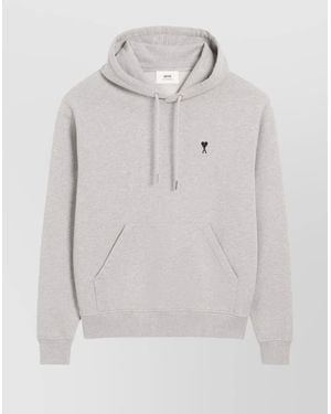 Ami Paris Cotton Logo-Embroidered Hoodie - Grey