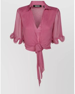 ROTATE BIRGER CHRISTENSEN Sheer Collared Cropped Ruffled Sleeves Top - Pink