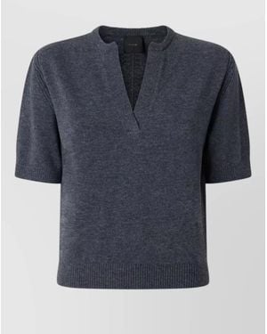 Pinko Cashmere Wool V-Neck Short-Sleeve Ribbed Hem Sweatshirt - Blue
