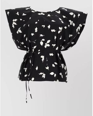 Alysi Sleeved Top Round Neck Ribbon Waist Tie - Black