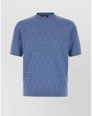 Fendi Crew Neck Cotton Sweater With Textured Pattern - Blue