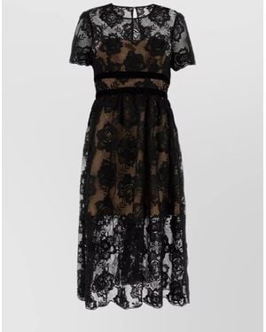 Self-Portrait Lace Floral Midi Sheer Sleeves Dress - Black