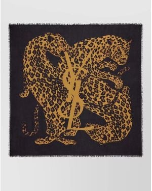 Saint Laurent Cassandre Wool Twill Leopard Square Scarf - Metallic