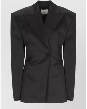 ANDAMANE Satin Blazer Padded Shoulders Long Sleeves - Black
