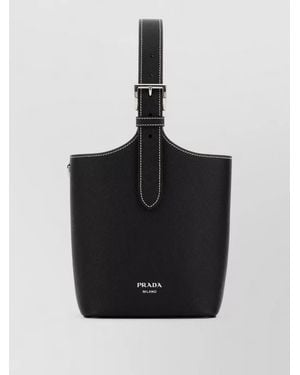 Prada Leather Shoulder Bag Contrast Stitching Handle - Black