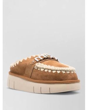 Mou Slippers Embroidered Trim Flat Sole Round Toe - Brown