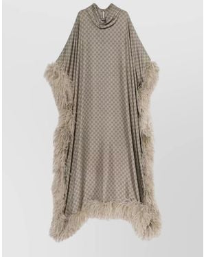 Gucci Silk Printed Feather Trim Long Kaftan Dress - Natural