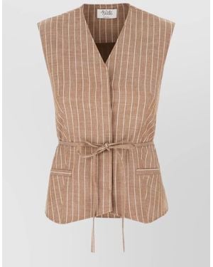 LE SULLY STUDIO Striped Sleeveless Jacket Gilet Belted Waist - Natural