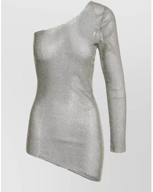 Santa Brands Knitted Rhinestone One-Shoulder Asymmetric Mini Dress - Grey