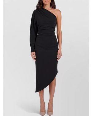 FEDERICA TOSI One-Shoulder Long-Sleeve Asymmetric Draped Midi Dress - Black