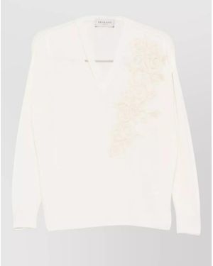 ERMANNO FIRENZE V Neck Top Embroidered Detail Long Sleeves - Natural
