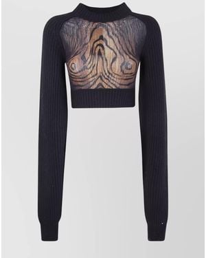 Jean Paul Gaultier Wool Ribbed Long-Sleeve Cropped Jumper With Printed Mesh Cutout Details - Blue