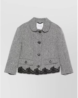 ERMANNO FIRENZE Cropped Lace Trim Textured Jacket Front Pockets - Grey